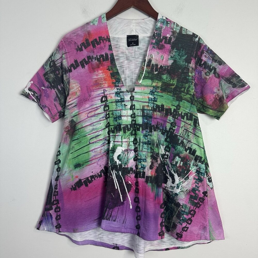 Inoah Women's Tunic Top M‎ Floral Watercolor Art Relaxed Short Sleeve USA
